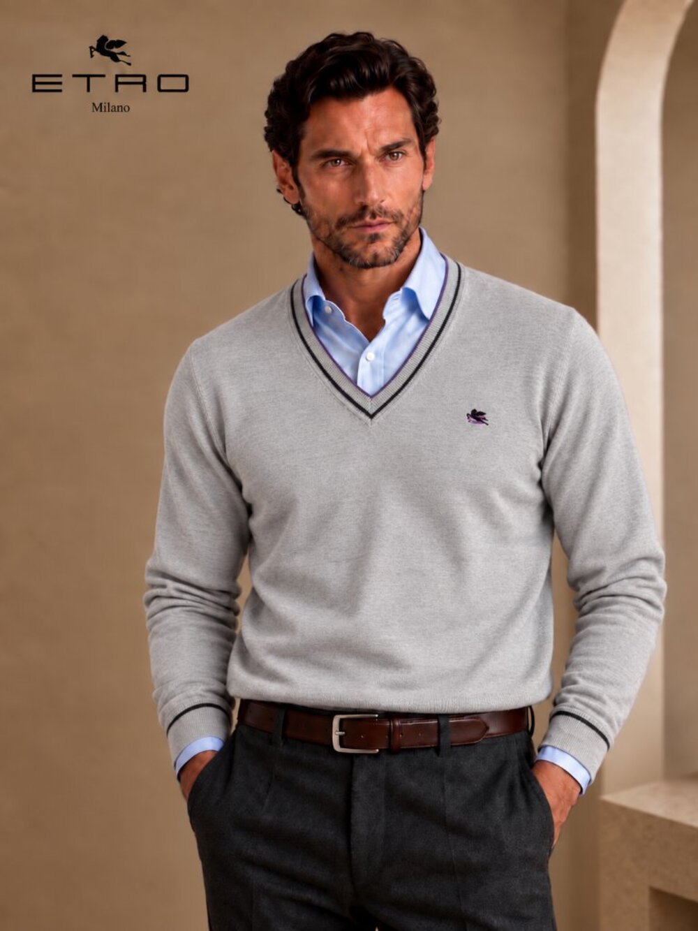 Etro Men's V-Neck Wool Sweater in Light Gray with Contrast Trim Size XXL NWT